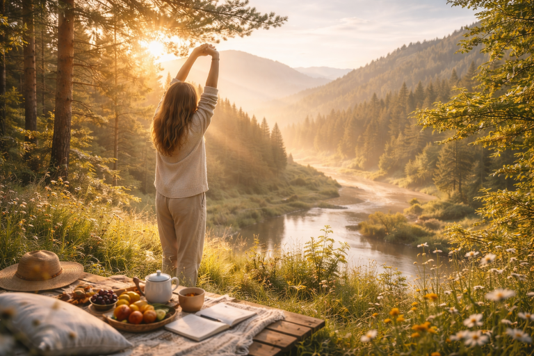 Femme profitant du lever de soleil en pleine nature, symbolisant un retour à l’équilibre et une hygiène de vie naturelle