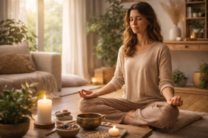 Femme méditant dans un intérieur apaisant pour cultiver l’équilibre émotionnel et le bien-être naturel