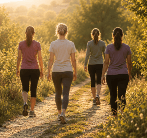 Groupe de femmes pratiquant la marche japonaise sur un sentier naturel au coucher du soleil.