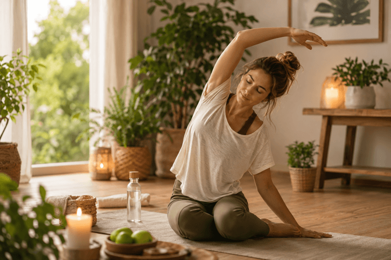 Femme pratiquant une activité physique douce dans le cadre d’une hygiène de vie naturelle
