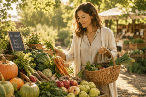 Femme choisissant des fruits et légumes de saison sur un marché