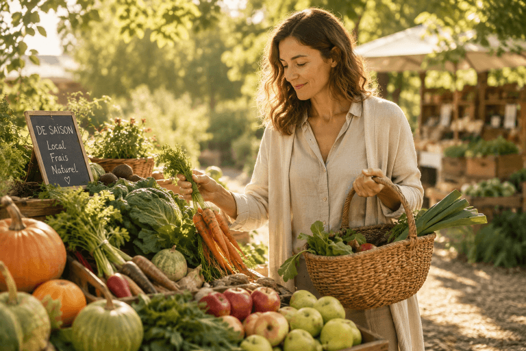 Femme choisissant des fruits et légumes de saison sur un marché